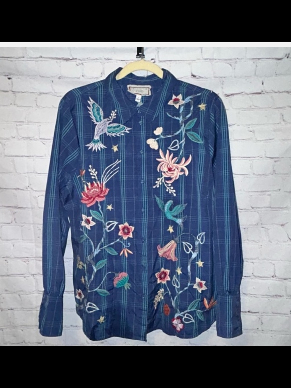 Johnny Was Blue Plaid Floral Embroidered Button-Up - Picture 2 of 6